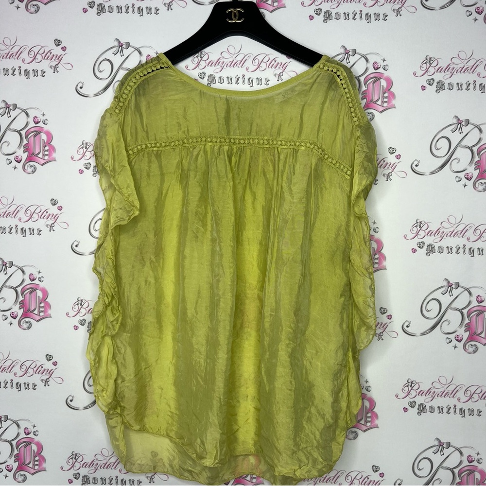 100% silk shirt made in Italy lightweight shiny metallic lime green flowy sides